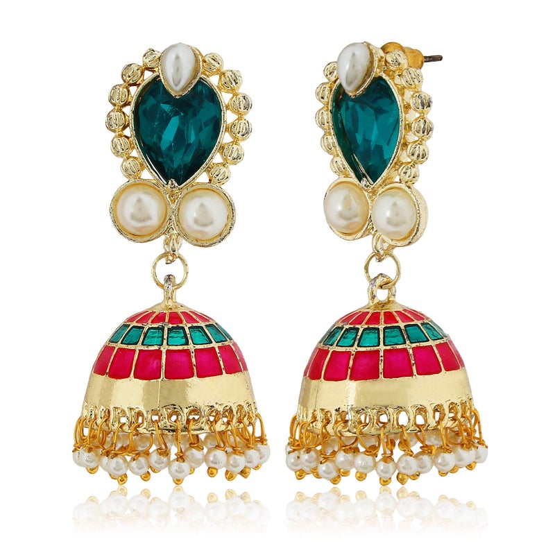 Moonstruck Traditional Indian Minakari Jhumka Earrings for Women â€“ Gold-Tone Dome Earrings with Pink & Green Stones, Off-White Pearls for Weddings, Parties, and Ethnic Wear - Image 2